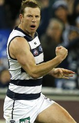 Steve Johnson celebrates a goal in the 2013 preliminary final. Picture: Wayne Ludbey